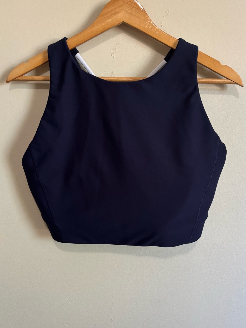 Athleta High Neck Navy White Colorblock Sports Bra Cutout Back L